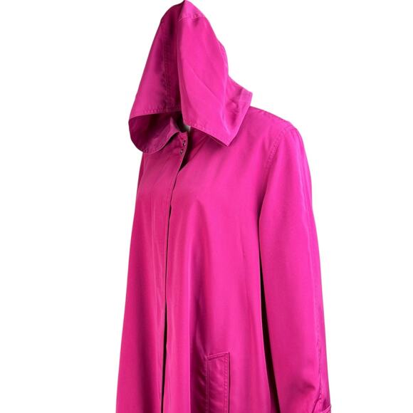 Gallery Pink Hood Button Closure Padded Shoulder Lined Long Rain Jacket Pockets - Picture 6 of 13